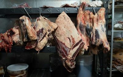 cortes de carne colgando de ganchos